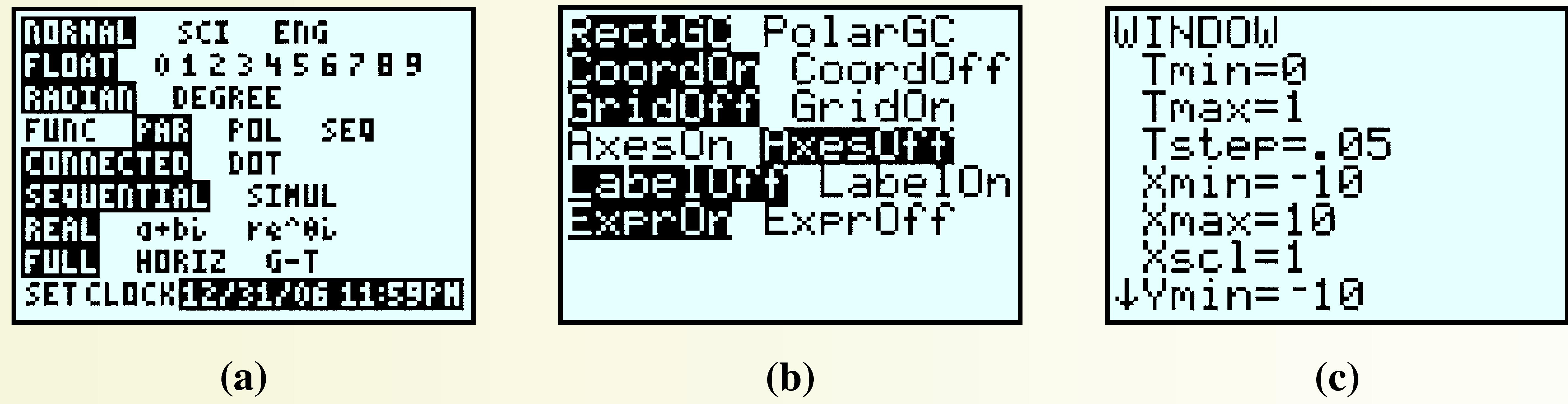 GC screens of setup for drawing parametric curves